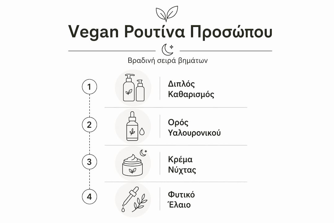 Εικονογραφημένος οδηγός με τα βήματα για μια βραδινή vegan ρουτίνα περιποίησης προσώπου