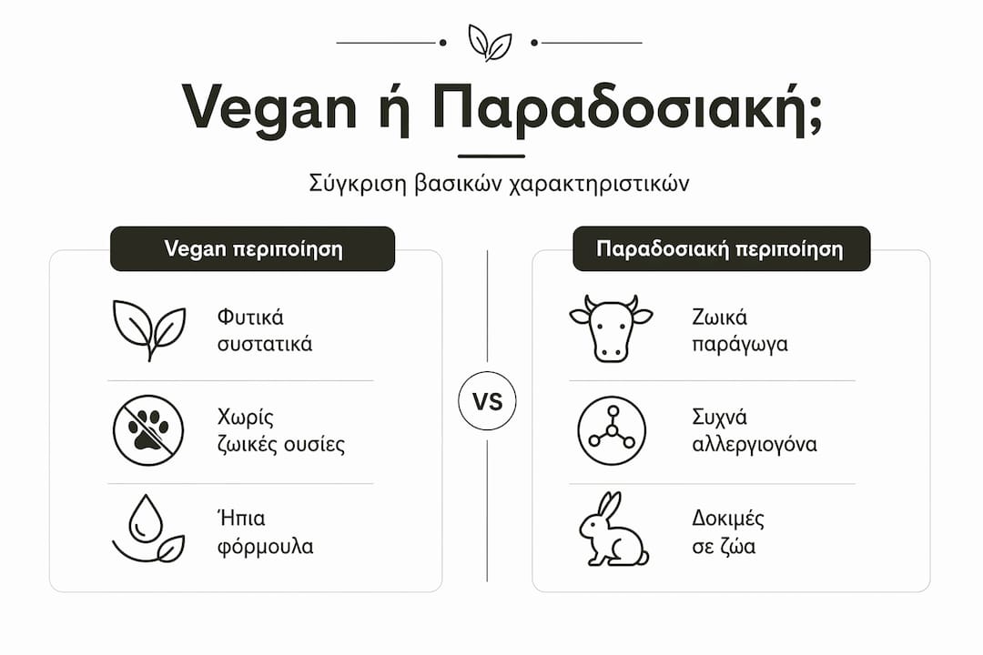 Γραφικό με σύγκριση των πλεονεκτημάτων της vegan περιποίησης προσώπου σε σχέση με τα παραδοσιακά καλλυντικά