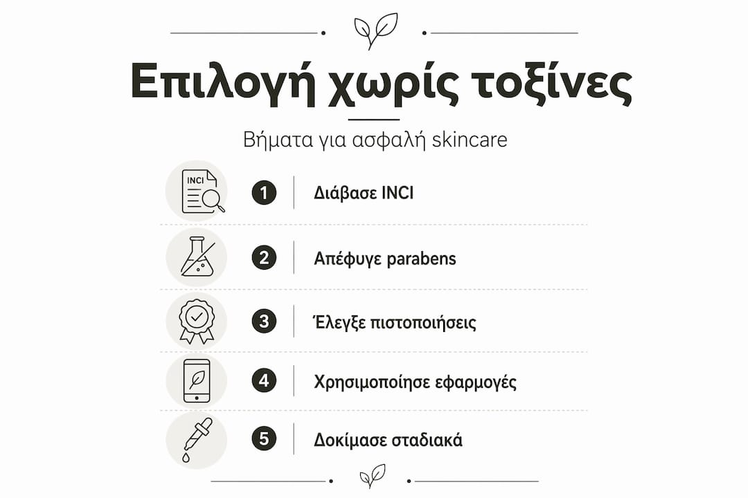 Εικονογραφημένος οδηγός με διαδοχικά βήματα για την επιλογή καλλυντικών χωρίς τοξικές ουσίες