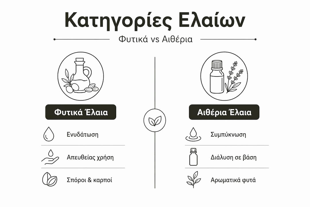 Ενημερωτικό γράφημα με βασικές κατηγορίες φυτικών και αιθέριων ελαίων