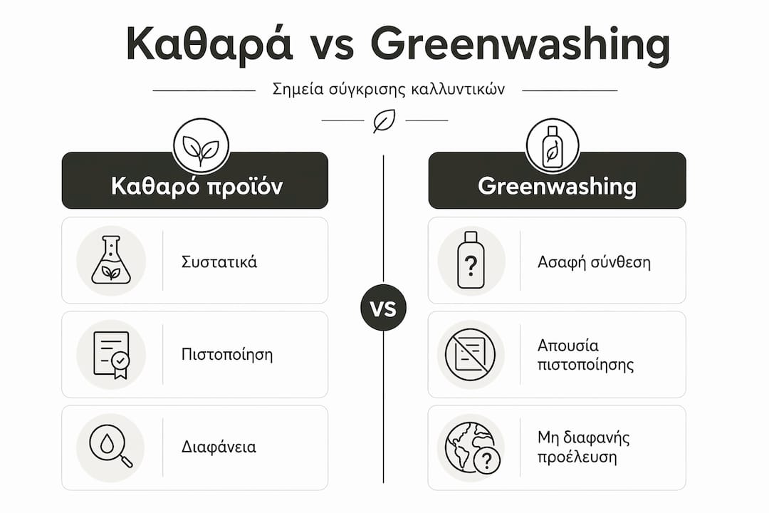 Αληθινά καθαρά καλλυντικά ή απλά πράσινο μάρκετινγκ; Η διαφορά μεταξύ προϊόντων που πραγματικά σέβονται το περιβάλλον και της επιφανειακής «οικολογικής» εικόνας που προωθούν πολλές εταιρείες.