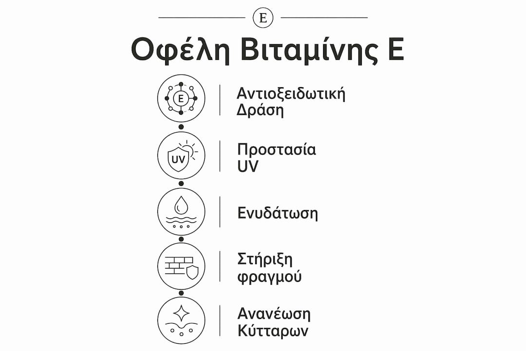 Εικονογραφημένος οδηγός με τα βασικά οφέλη της βιταμίνης Ε για την υγεία της επιδερμίδας