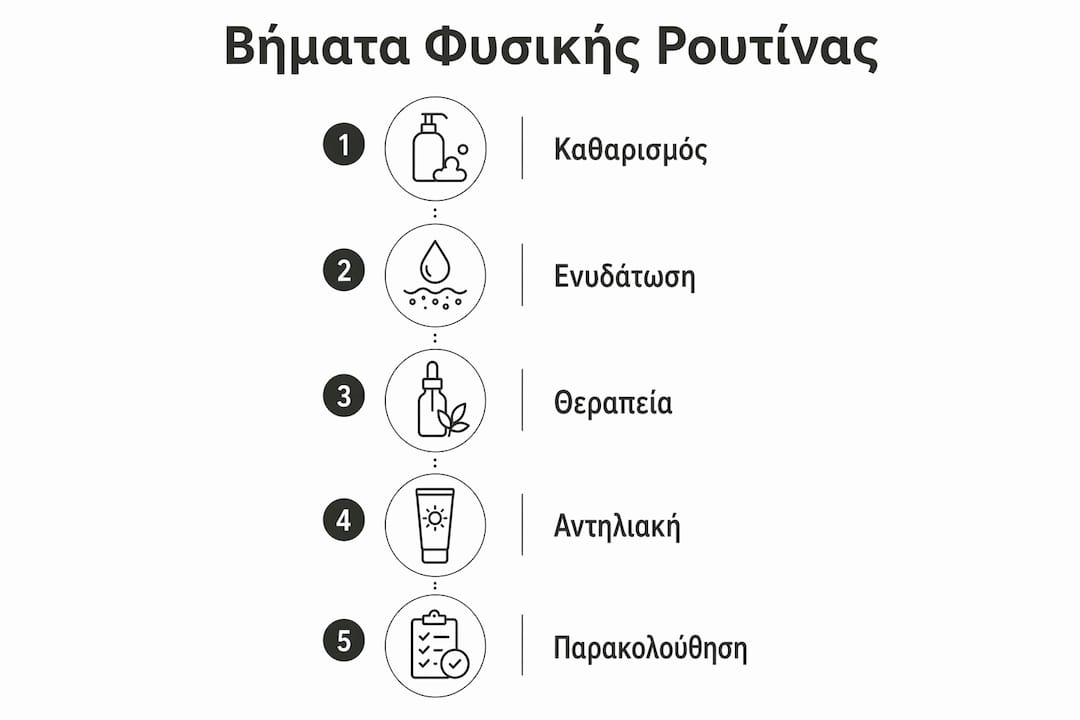 Εικονογραφημένος οδηγός με τα βασικά βήματα για φυσική φροντίδα της ακμής
