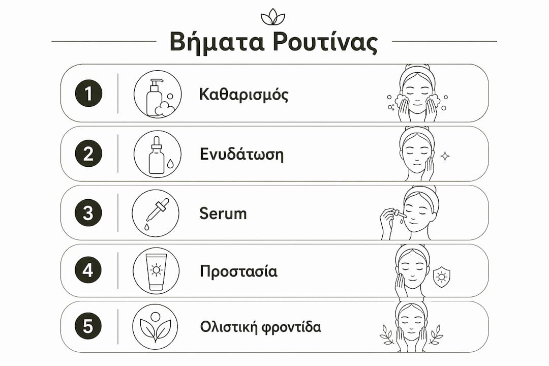 Εικονογράφηση με τα βασικά στάδια μιας φυσικής ρουτίνας περιποίησης