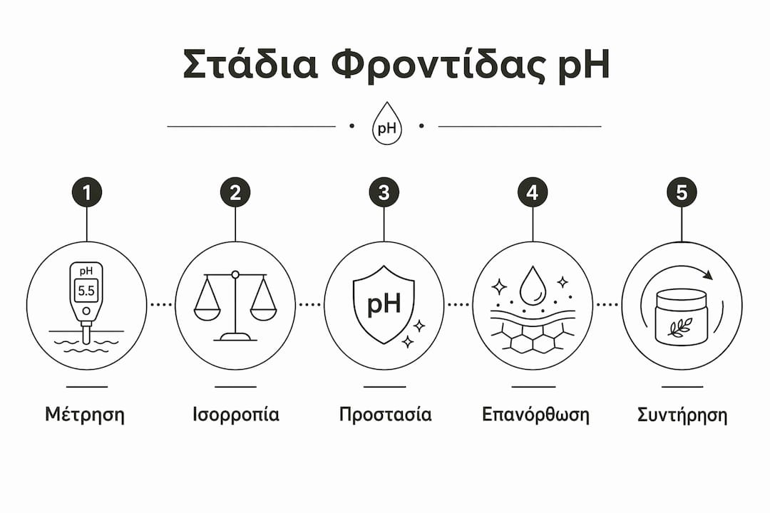 Εικονογραφημένος οδηγός για τα βασικά στάδια περιποίησης της επιδερμίδας και τη σημασία του pH