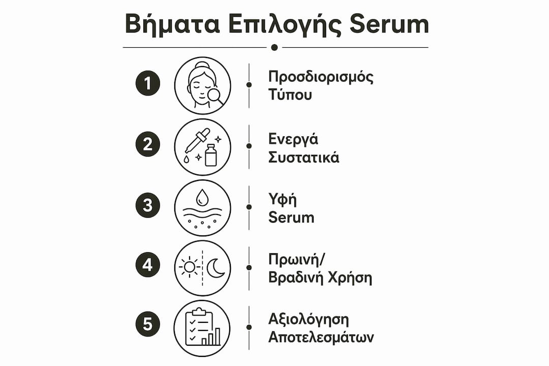 Εικονογραφημένος οδηγός για την επιλογή serum, με πέντε βασικά βήματα που θα σε βοηθήσουν να βρεις το κατάλληλο προϊόν για την επιδερμίδα σου.