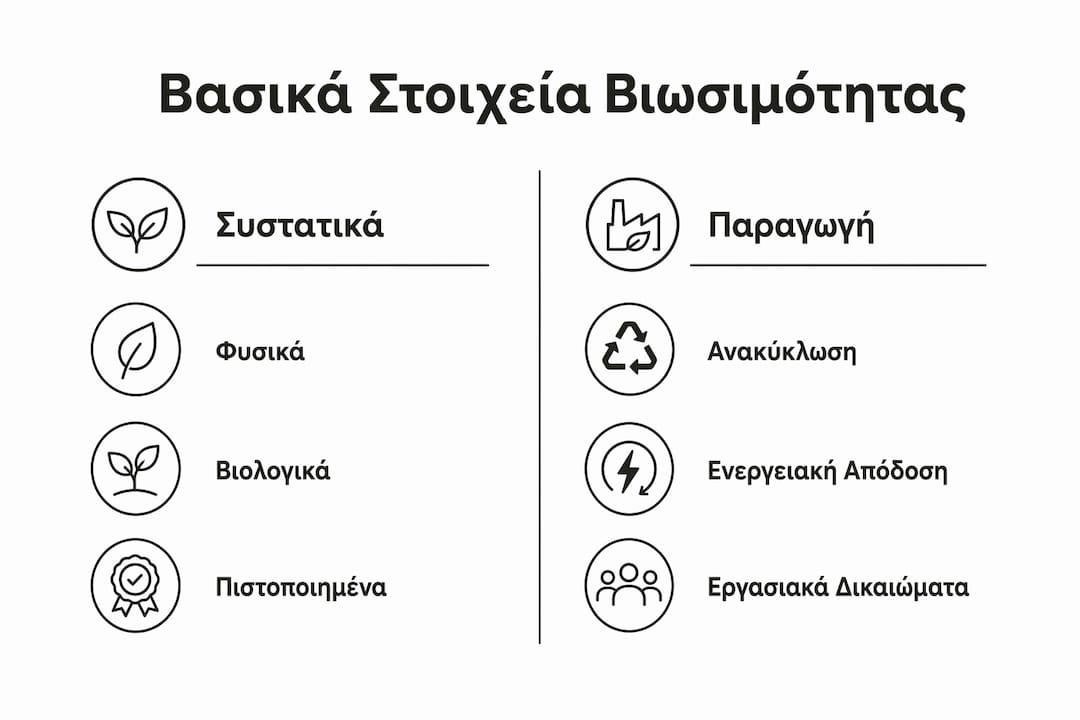 Γραφικό με τα βασικά σημεία για τη βιωσιμότητα στα καλλυντικά: τι περιέχουν και πώς παράγονται