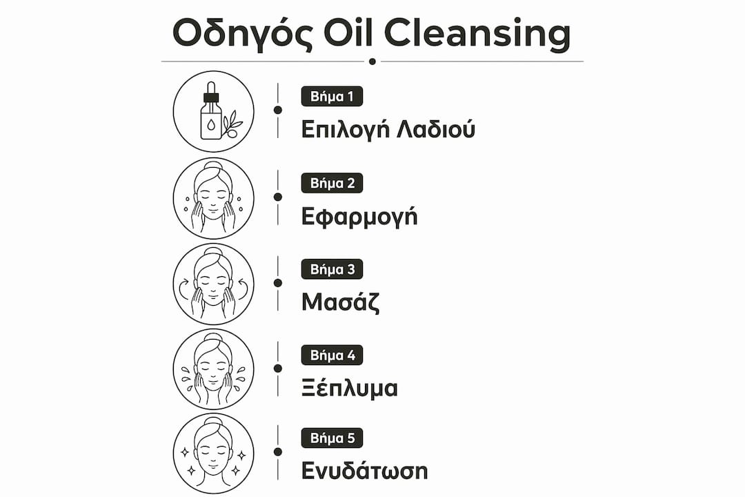 Εικονογραφημένος οδηγός με τα βήματα για σωστό καθαρισμό προσώπου με λάδι