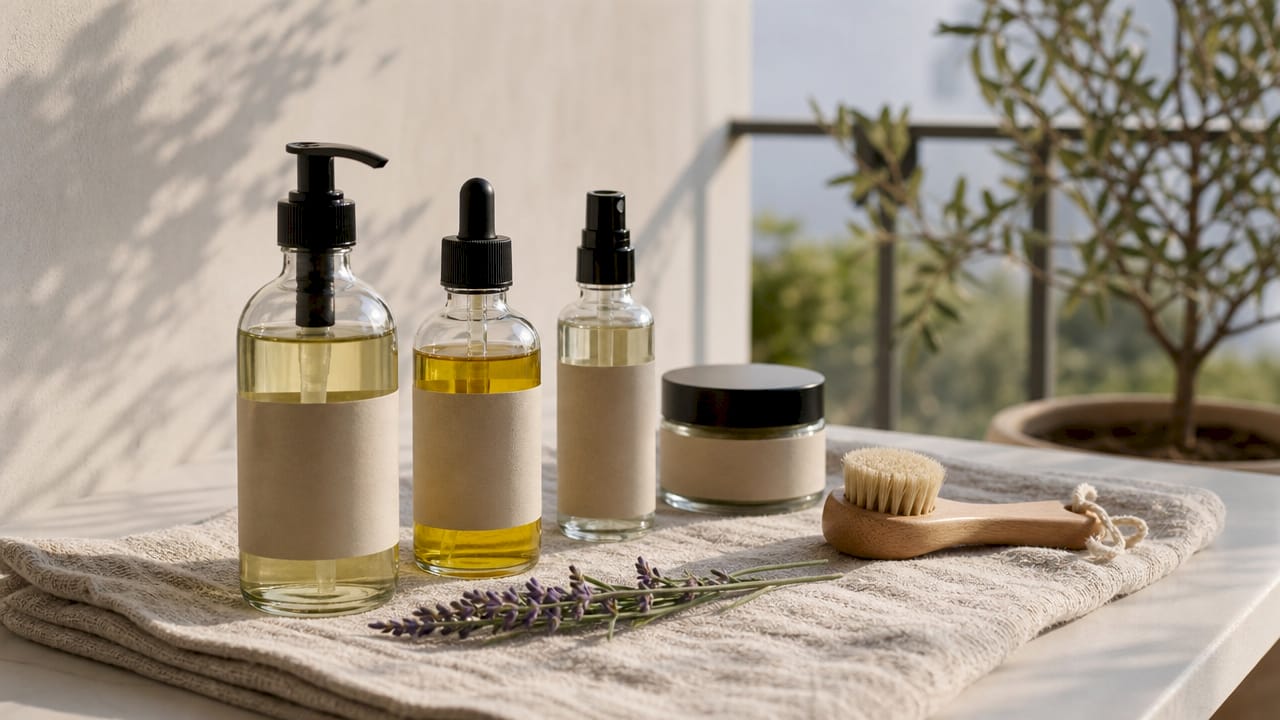 Λεπτομέρεια από καθαριστικά έλαια και balm για το πρόσωπο, τοποθετημένα πάνω στο μπουντουάρ.