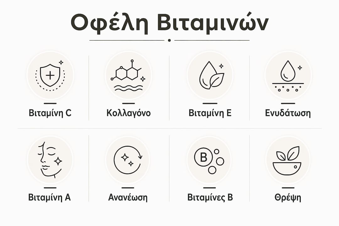 Εικονογραφημένος οδηγός με τα σημαντικότερα οφέλη των βιταμινών για την υγεία της επιδερμίδας