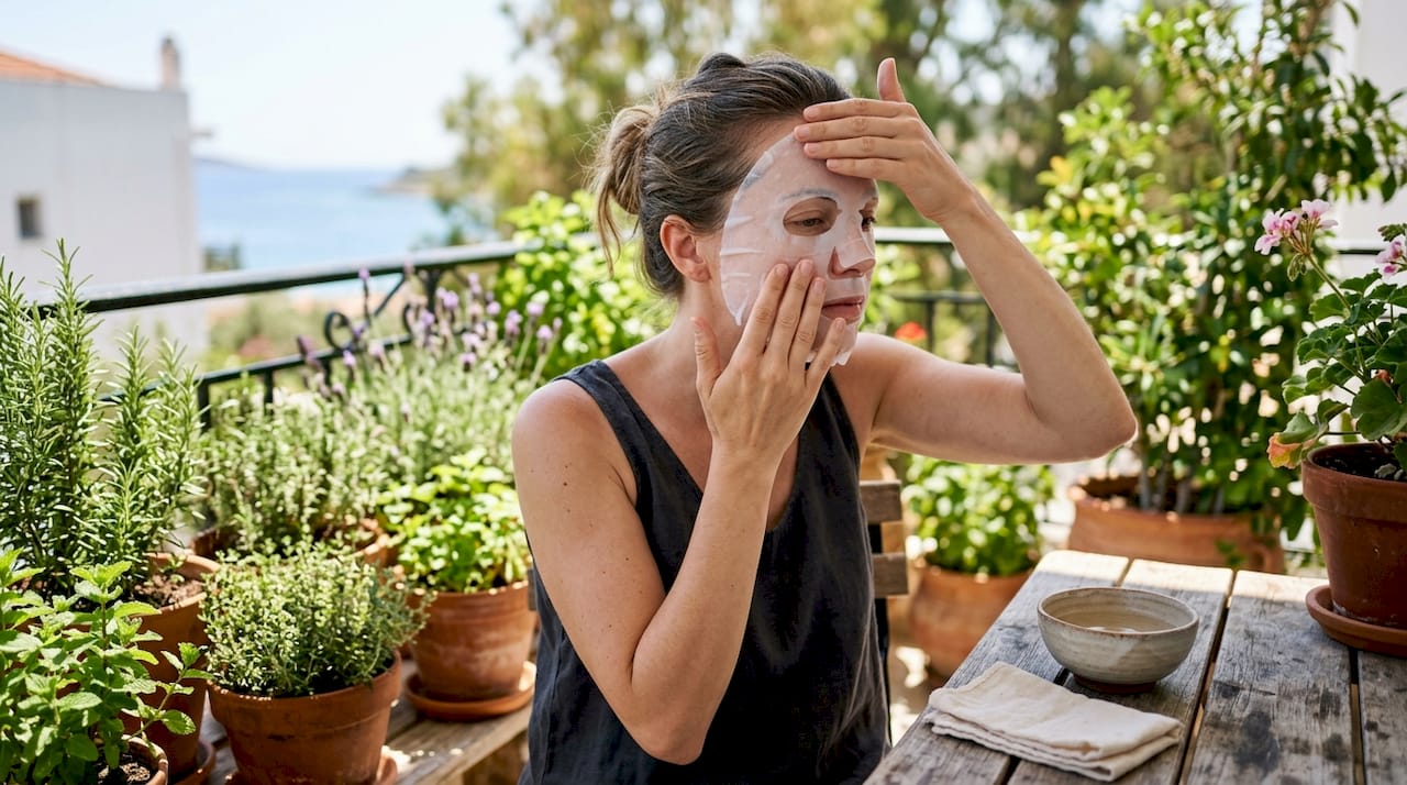 Δύο χέρια τοποθετούν απαλά μια δροσερή μάσκα προσώπου πάνω στο δέρμα.