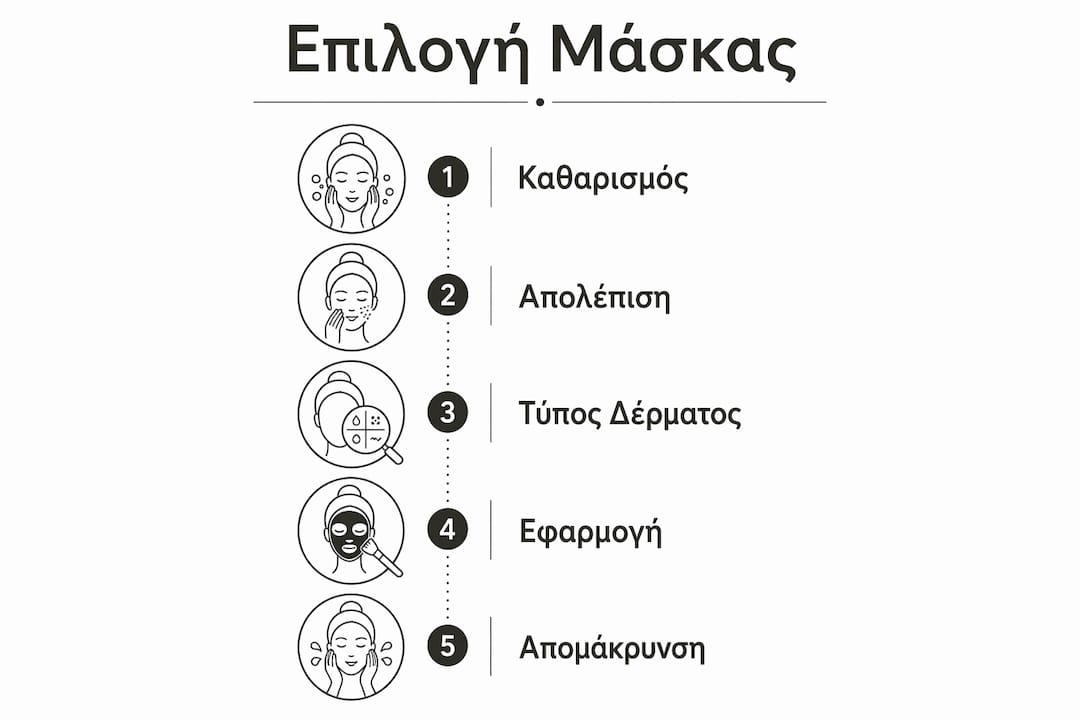 Εικονογραφημένος οδηγός με τα βασικά βήματα για να διαλέξεις και να εφαρμόσεις σωστά τη μάσκα προσώπου σου