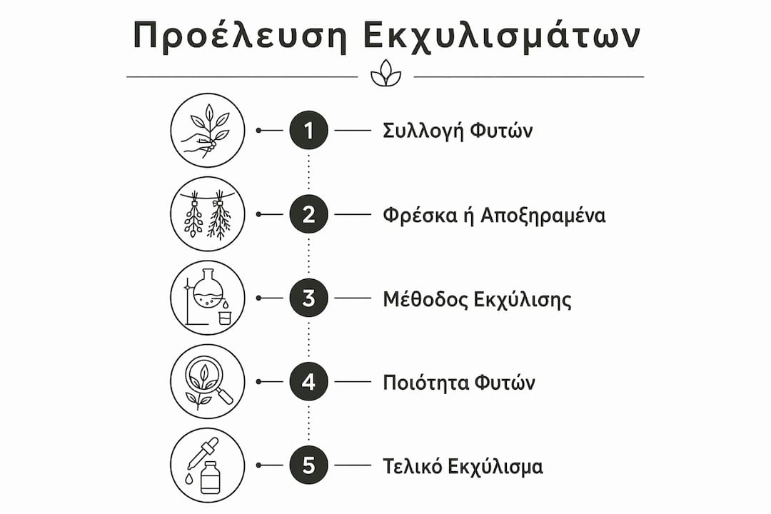 Γραφικό που παρουσιάζει με σαφήνεια τα στάδια προέλευσης ενός εκχυλίσματος και πώς αυτά επηρεάζουν την αποτελεσματικότητά του.