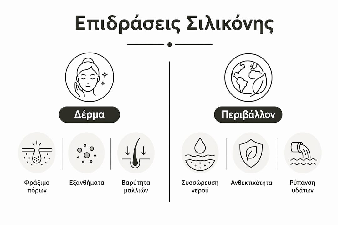 Γραφικό με σύγκριση της επίδρασης των σιλικόνων στην επιδερμίδα και το περιβάλλον