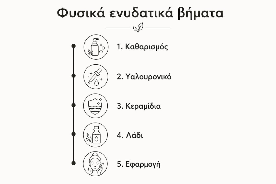 Εικονογραφημένος οδηγός με βήματα για φυσική ενυδάτωση της επιδερμίδας