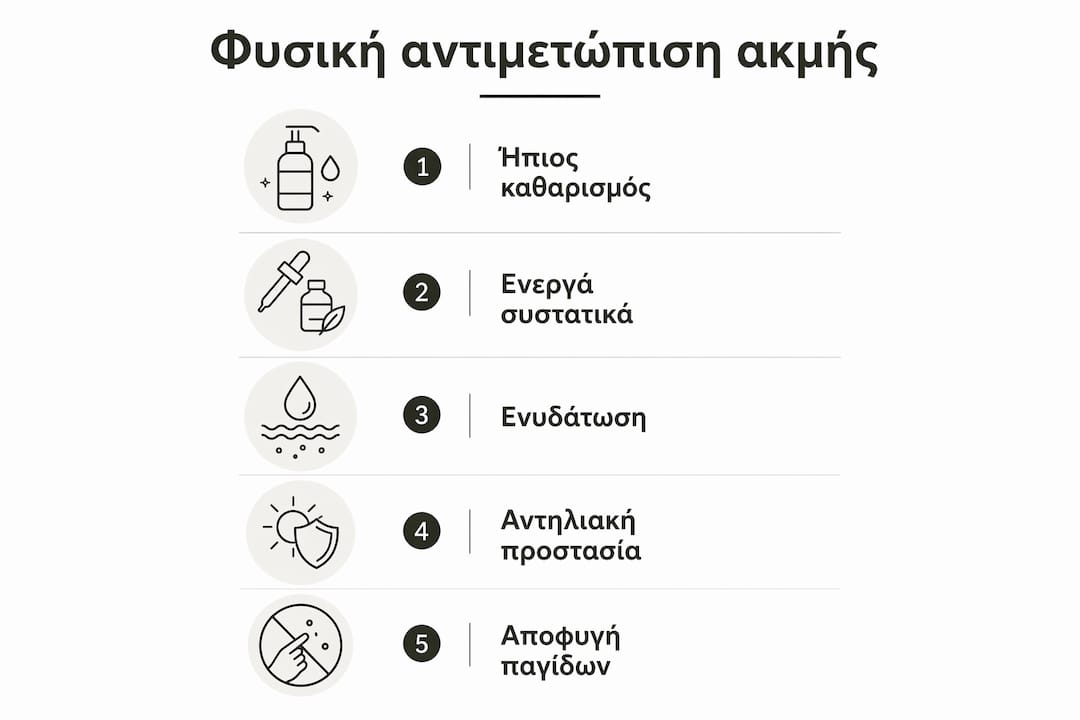 Εικονογραφημένος οδηγός με πρακτικά βήματα για φυσική αντιμετώπιση της ακμής