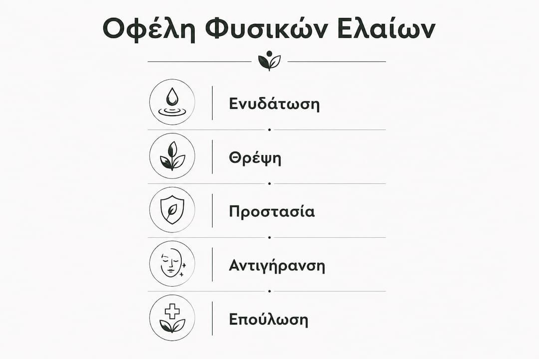 Εικονογραφημένος οδηγός με τα βασικά οφέλη των φυσικών ελαίων για τη φροντίδα της επιδερμίδας