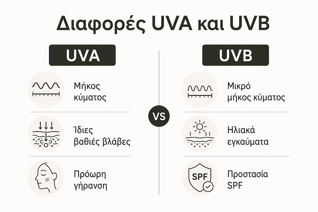 Διαφάνεια με συγκριτικά στοιχεία για τις ακτίνες UVA και UVB