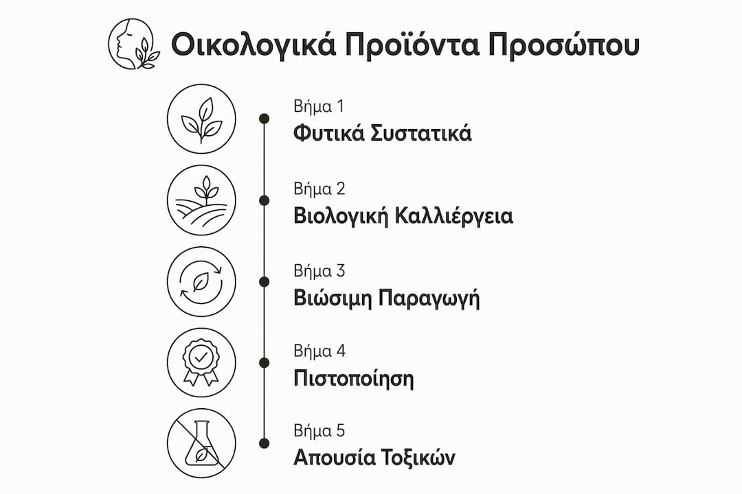 Διαφάνεια που παρουσιάζει βήμα-βήμα τη διαδικασία παραγωγής οικολογικών προϊόντων περιποίησης προσώπου.