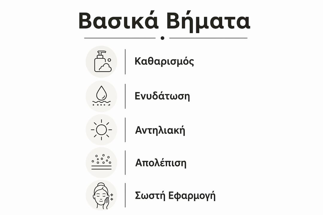 Εικονογράφηση με τα βασικά βήματα για υγιή και όμορφη επιδερμίδα
