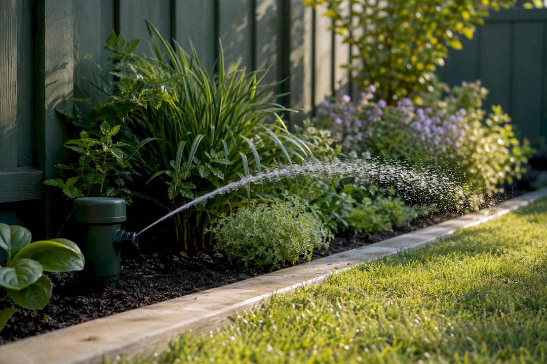 Motion sprinkler watering a protected garden bed