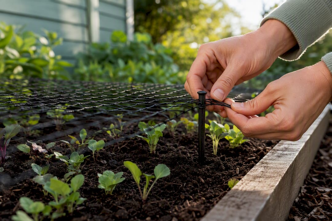 Bird netting secured above garden seedlings