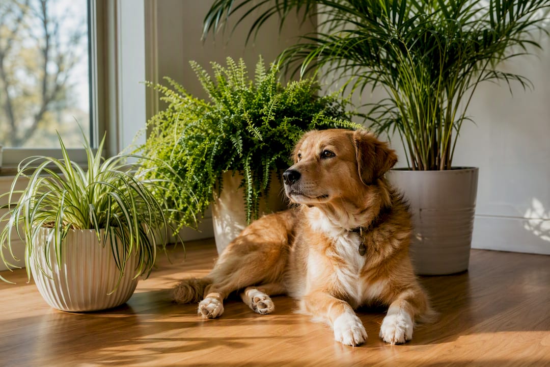 Dog resting beside safe household plants