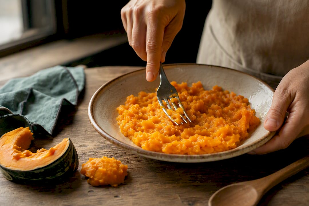 Cooked pumpkin being puréed safely
