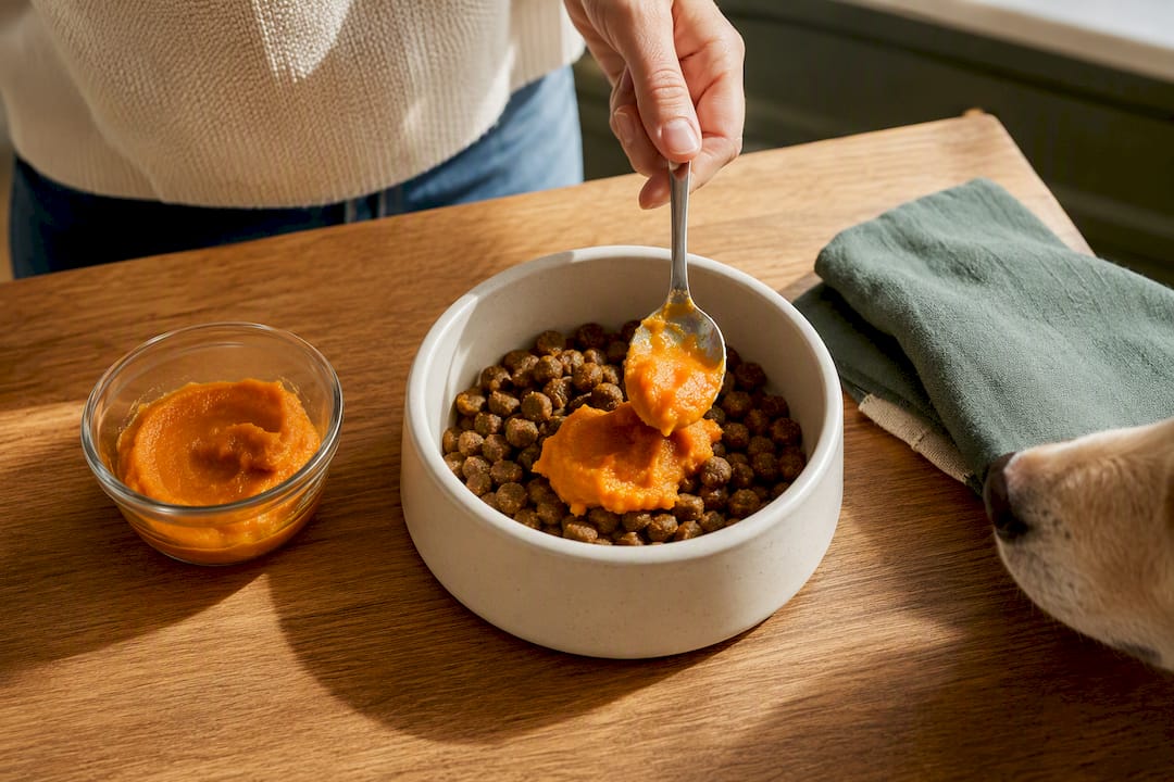 Pumpkin being mixed into dog kibble