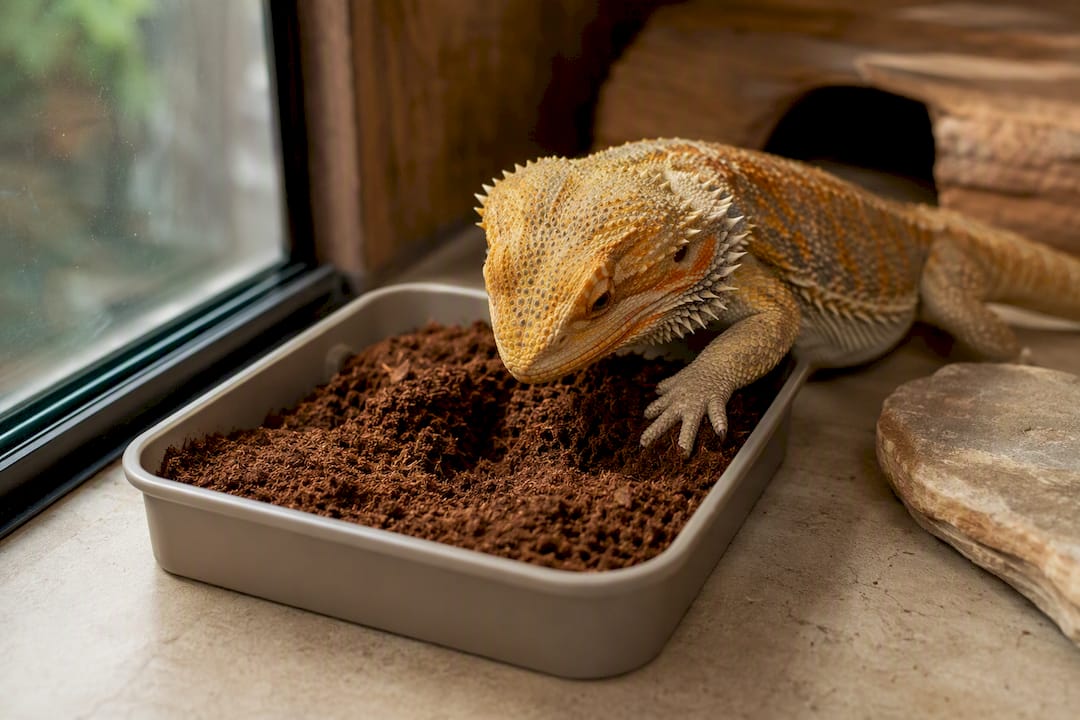 Bearded dragon digging in contained substrate box