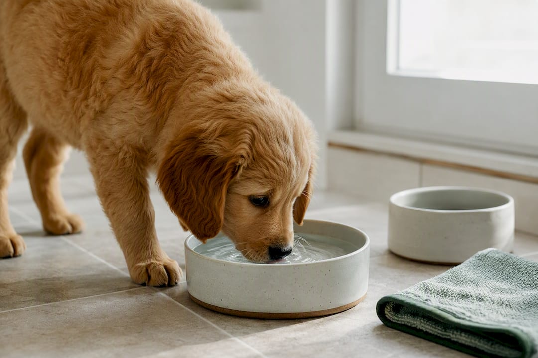 Puppy drinking from a clean water bowl