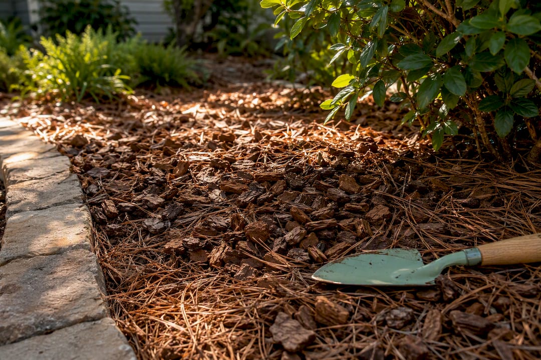 Pine bark nuggets and straw in garden bed