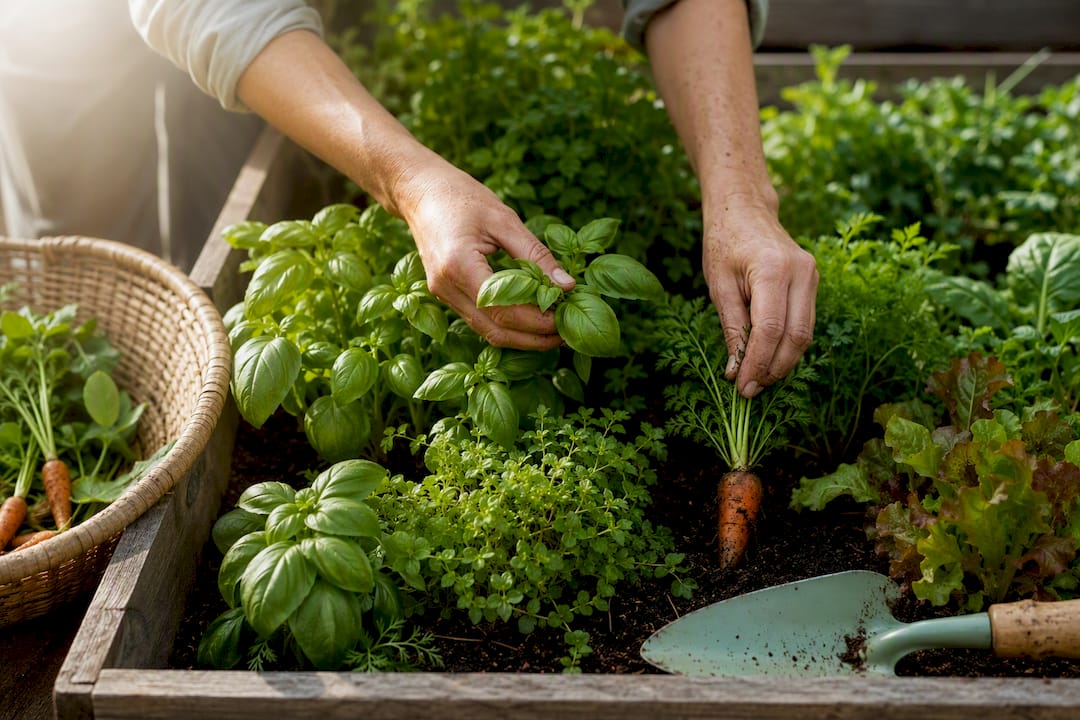 Hands harvesting herbs and vegetables from planter
