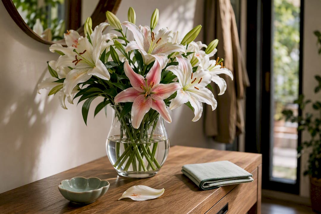 Lily bouquet beside visible vase water