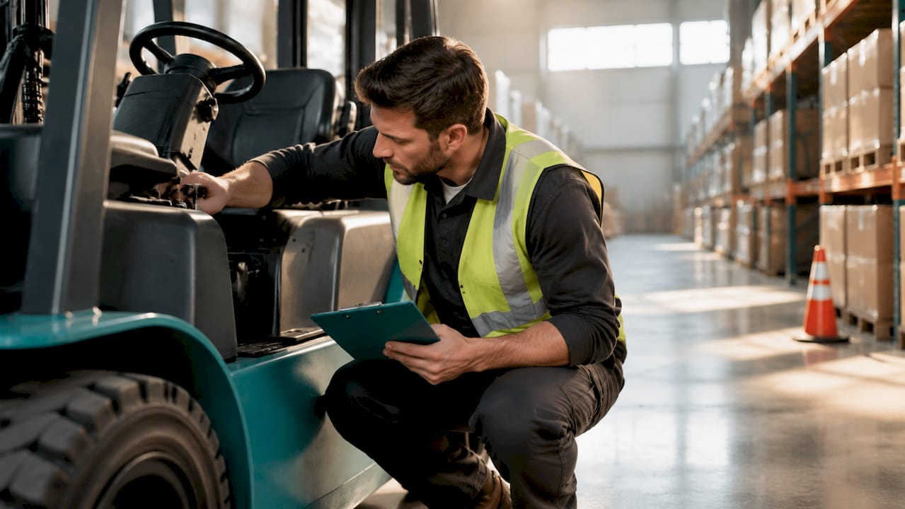 Supervisor checking forklift beside clear aisle