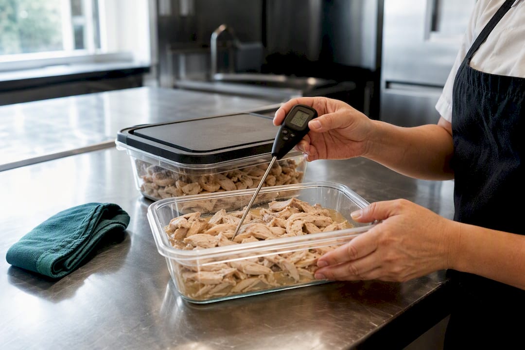 Worker checking cooling food temperature