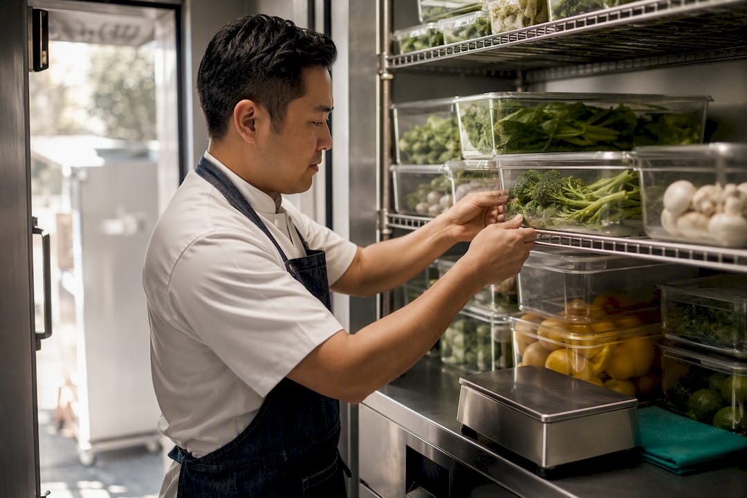 Manager counting ingredients in walk-in cooler