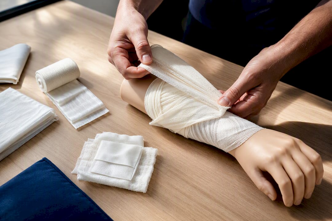 Hands practising triangular bandage technique