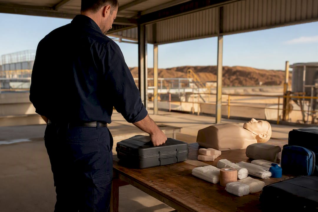 Trainer setting up first aid equipment remotely
