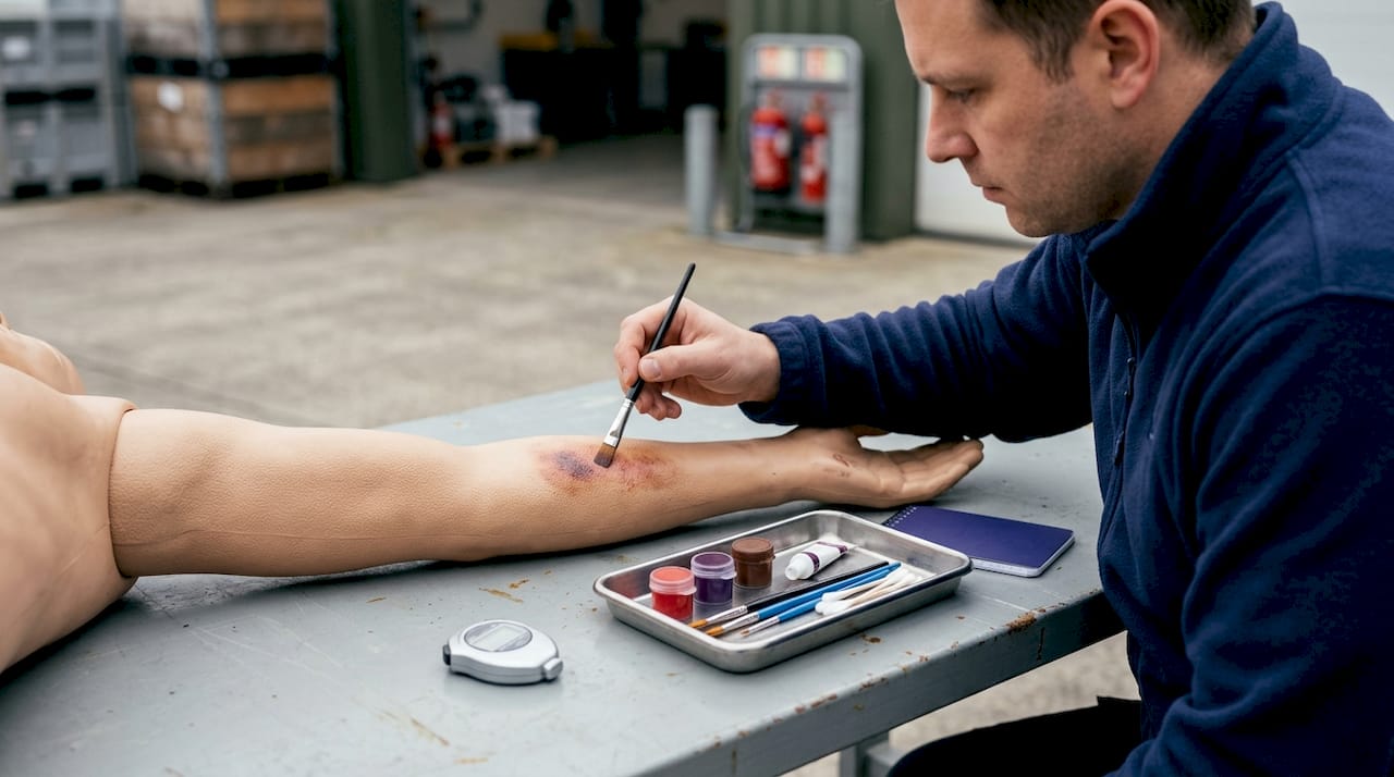 Trainer applying moulage for first aid drill