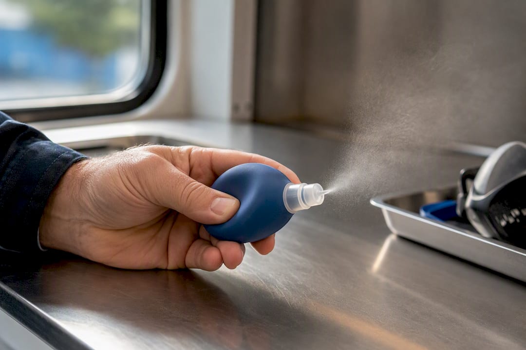 Hand checking a fit-test nebuliser nozzle
