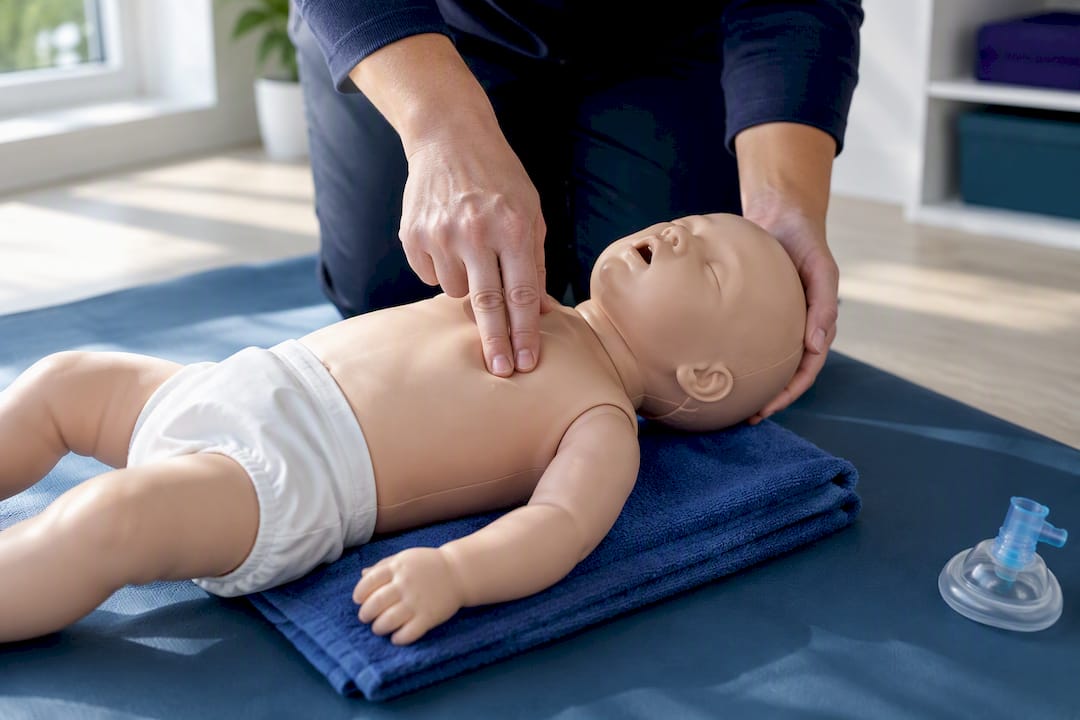 Trainer practising infant CPR on a manikin