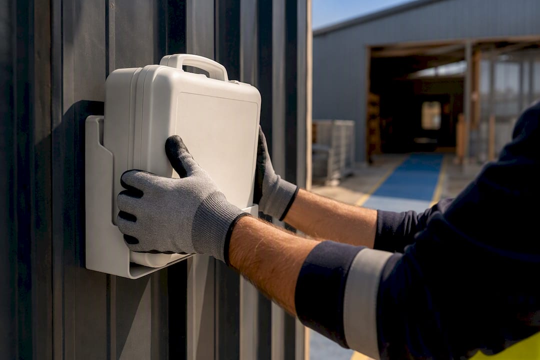 Weather-resistant first aid container on site