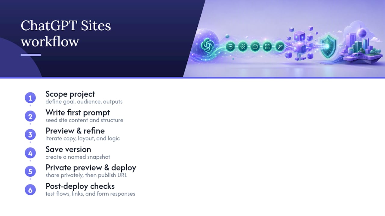 Six-step AI website deployment workflow