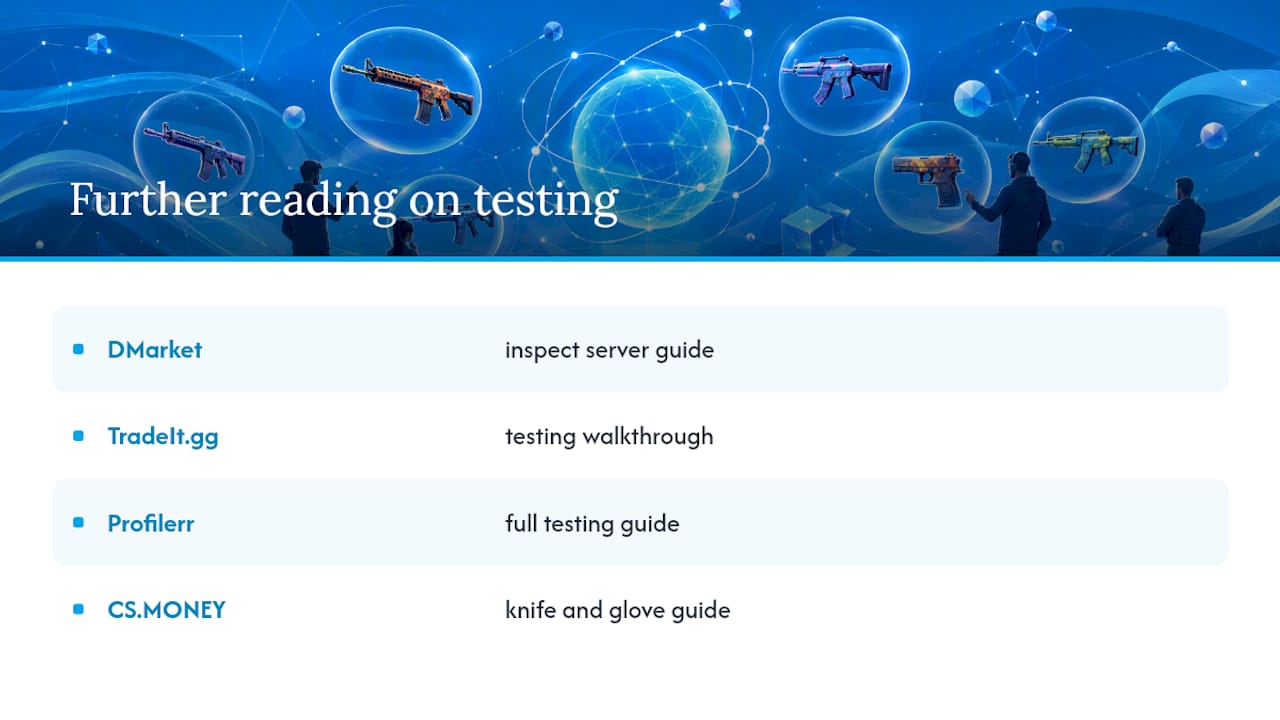 Where to read more on testing CS2 skins — overview diagram