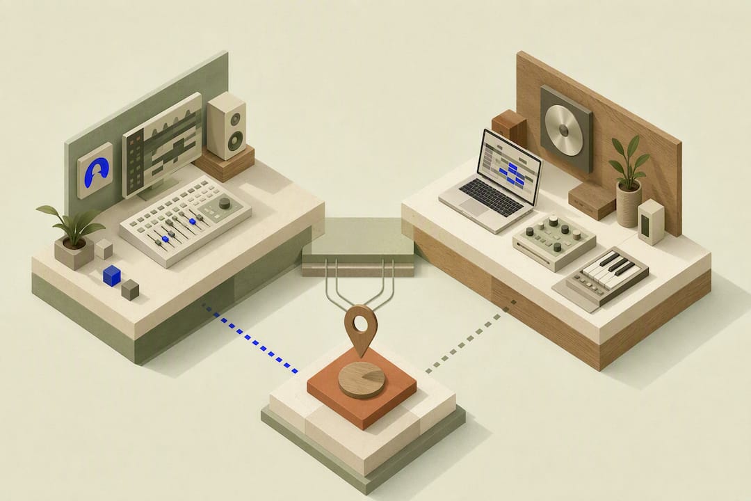 Illustration isométrique du choix entre deux logiciels DAW