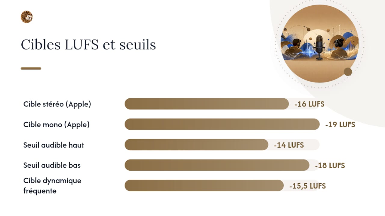 Pourquoi ces cibles de niveaux audio podcast : LUFS, stéréo et mono — overview diagram