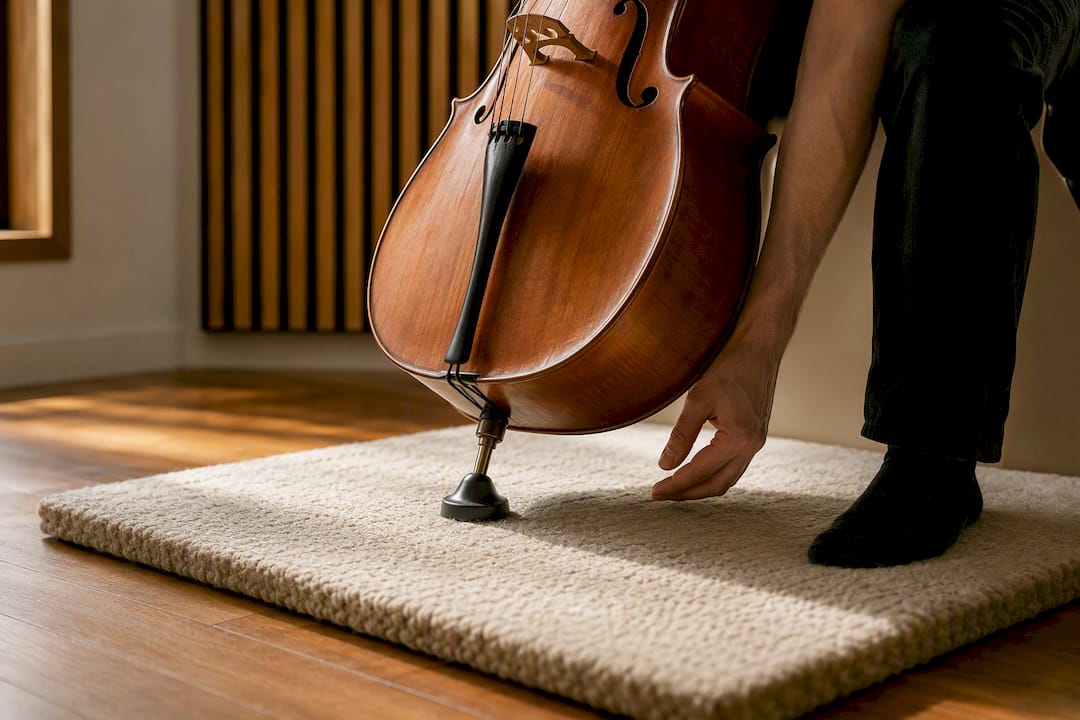 Pointe de violoncelle posée sur un support antivibrations
