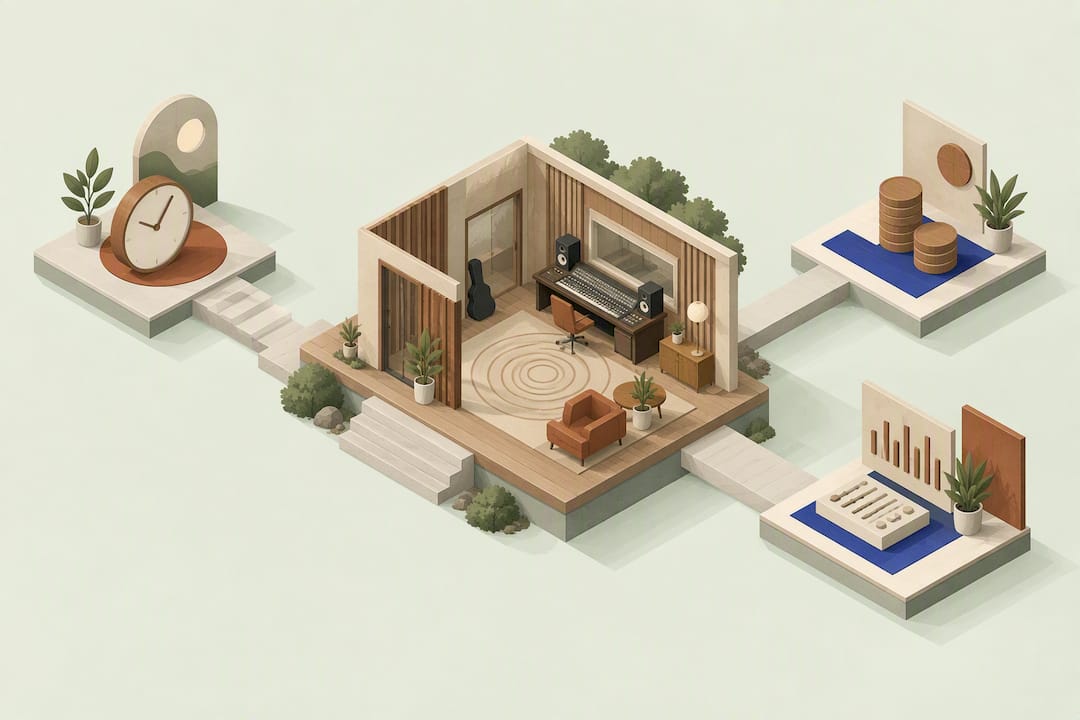 Illustration en perspective isométrique d'une résidence artistique musicale
