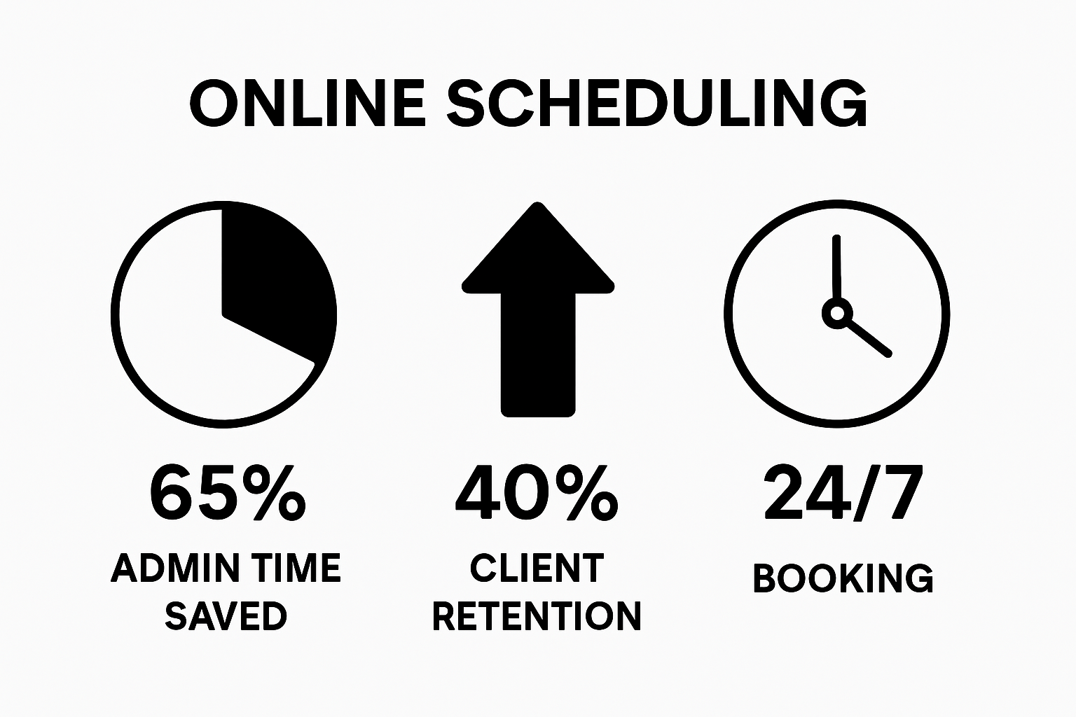 Infographic showing admin time saved, client retention, and 24/7 booking benefits